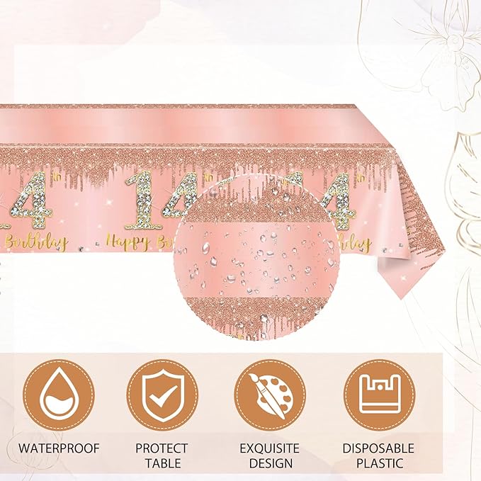 41Pcs 14th Birthday Decorations for Girls,Sweet Rose Gold 14th Birthday Plates and Napkins,Tablecloth Happy 14 Years Birthday Party Tableware Set for 14 Year Old Girls Teenager Party Favor Supplies
