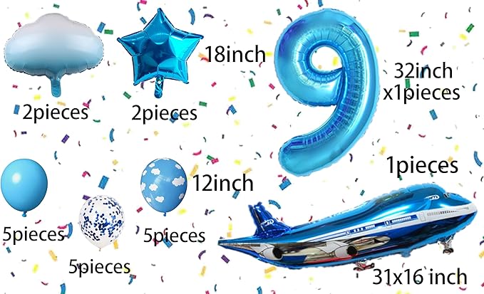 31inch Large Airplane Blue Party Decoration Airplane Balloon Set Birthday Party Supplies (9 Number Airplane)
