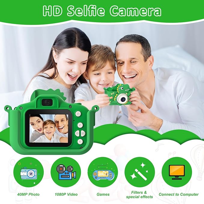 Dinosaur Kids Camera, HD Selfie Toddler Camera, Christmas Birthday Toys for Boys Girls Age 3-12 Years, Kid Digital Camera with 32GB Card, Dinosaur Toys for Kids 3 4 5 6 7 8 Years Old Gifts(Green)
