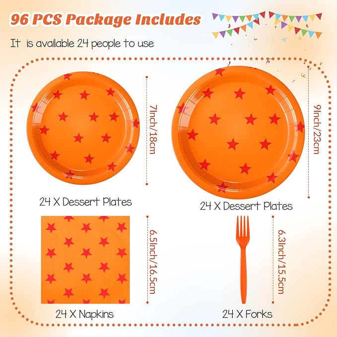 Oudain 96 Pcs Anime Theme Party Supplies 24 Sets Anime Paper Plates Napkins Forks Orange and Red Stars Print Disposable Plate Napkin Fork for Anime Party Decoration