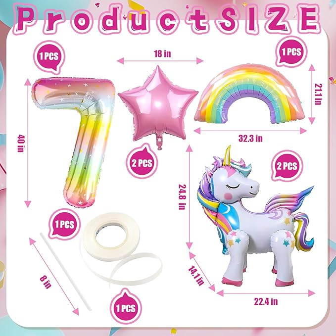 6PCS Self Standing Unicorn Balloons, Unicorn Balloon, Large Rainbow Balloon, Colorful Number 7 and Star Balloons for Girl 7th Birthday Party Decorations Supplies.(7th)