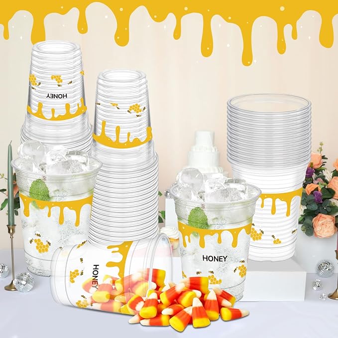 50 Pcs Honey Bee Cups, 12 oz Bee Party Clear Plastic Cups for Juice Water Coffee Summer Baby Shower Birthday Party Supplies Decorations