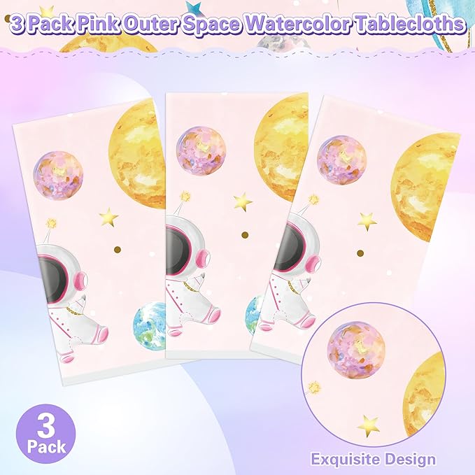 Pink Watercolor Table Cover - 3-Pack 54 X 108 Inch Pink Watercolor Outer Space Disposable Plastic Rectangle Print Table Cloth Baby Shower Kids Birthday Party Tablecloths Decoration Supplies
