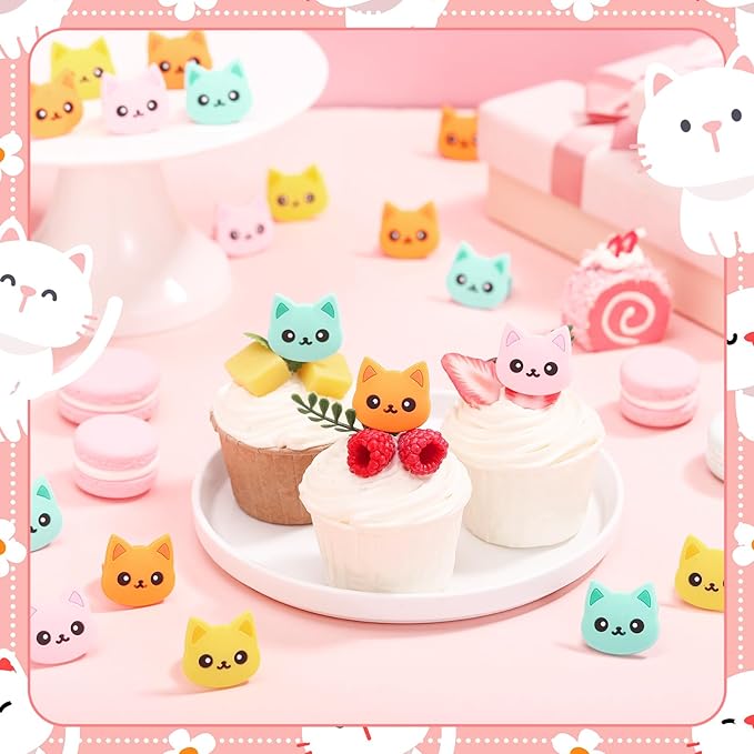 Chuangdi 48 Pieces Cat Cupcake Rings Cute cake Toppers Rings Colorful Cat Birthday Cupcake Decorations for Pet Themed Party Supplies, 4 Styles