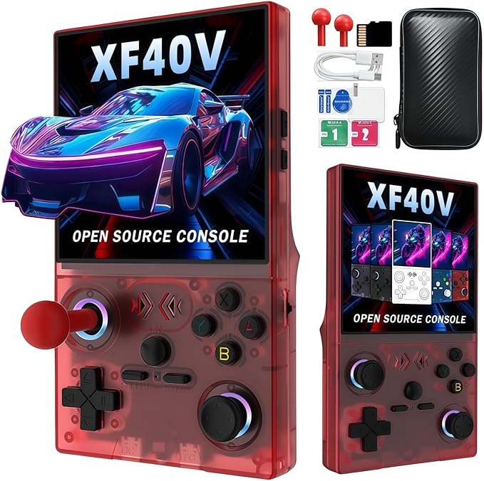 XF40V Retro Handheld Game Console, 4.0 Inch IPS HD Screen,Interchangeable Arcade Stick,Linux System, Preloaded Classic Games with Multiple Emulators, 4000mAh Battery,Ideal Gift (Translucent RED)