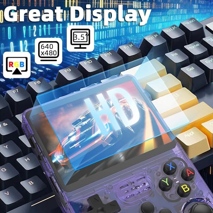R36S Retro Handheld Gaming Console, 3.5 Inch IPS Screen, 22000+ Games Pre-Loaded, 128GB Storage, 26 Emulators, 3500mAh Battery, Linux System (Black Transparent, 64 GB)