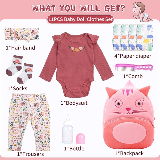 11Pcs Reborn Baby Doll Clothes 17-22 Inch Girl Floral Reborn Doll Clothes with Backpack Newborn Baby Outfits Diapers Bag & Fedding Bottle, Pretend Play Doll Accessories Set