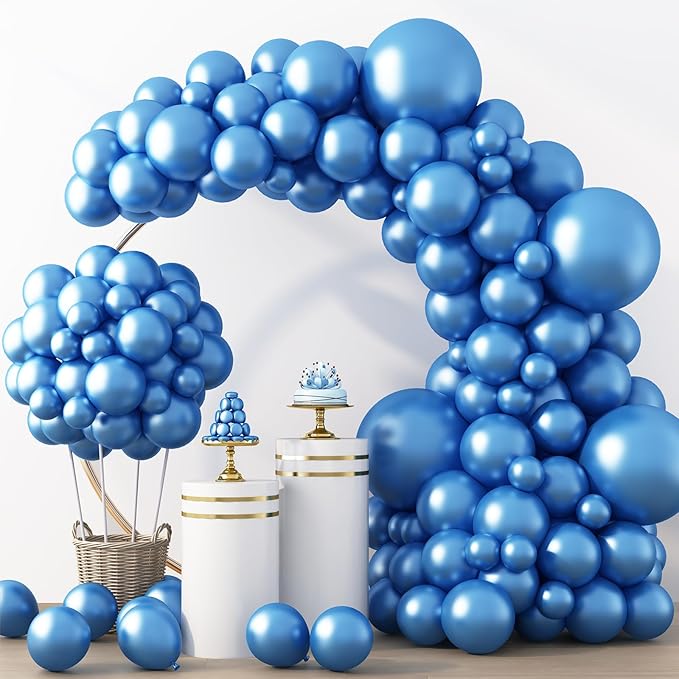 RUBFAC Metallic Blue Balloons 129pcs Different Sizes Pack of 18 12 10 5 Inch, Latex Chrome Blue Balloon Garland Arch Kit for Wedding Baby Shower Birthday Party Graduation Decorations