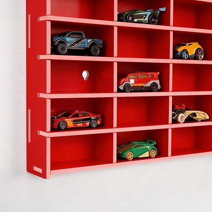Toy Car Display Shelf, Holds 40 Diecast 1/64 Toys Car, Wall Mount Model Cars Storage Organize Case (red 1/64 Toy Car Display Shelf)