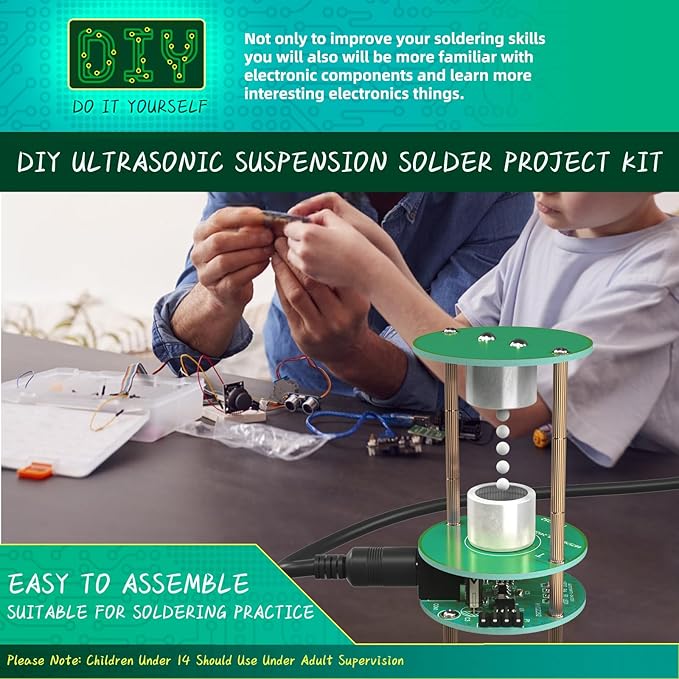 Electric Ultrasonic Levitator Kit, Soldering Projects Mini Cool Acoustic Levitator, Learning Teaching STEM Education Ideal Gift for Family and Friends, Come with 12V Power Supply (Green with Power)