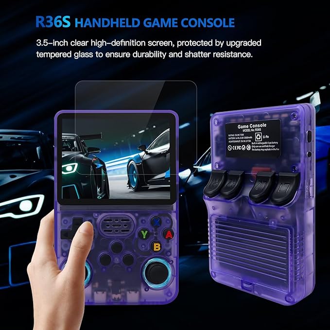 R36S Retro Handheld Game Console with 128G 3.5 Inch IPS Screen Built-in 15000 Games Open Source Linux System 640x480 Resolution Portable Pocket Video Player (Purple)