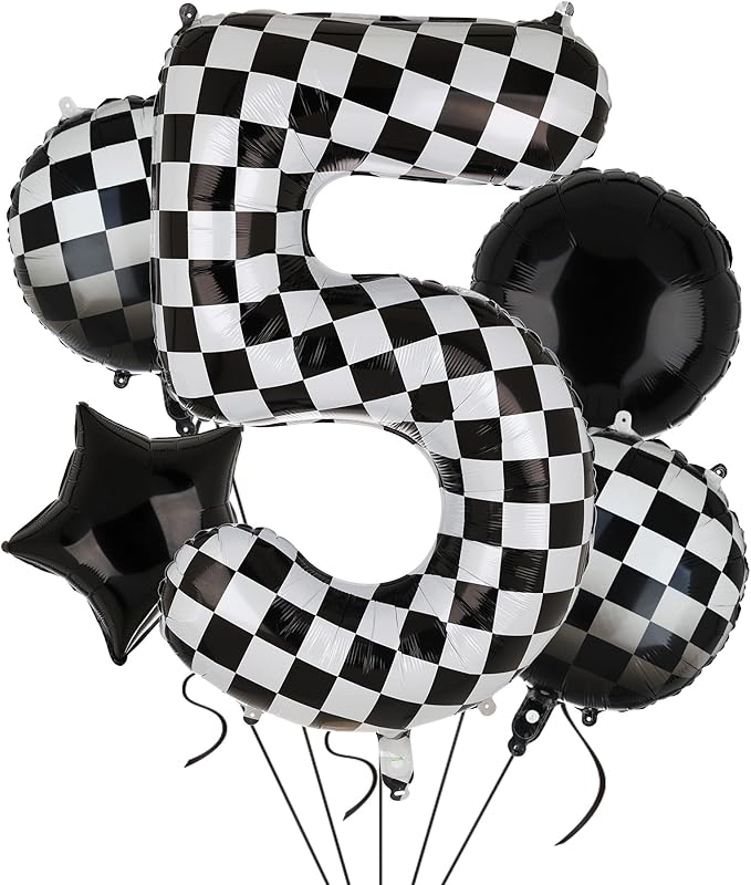 40 Inch Checkered Number Balloon 5 Black and White Race Car Birthday Balloons Baby Hippie Smile Party Shower Boys 5th Birthday Race Car Theme Party Decor Supplies 5 Pcs