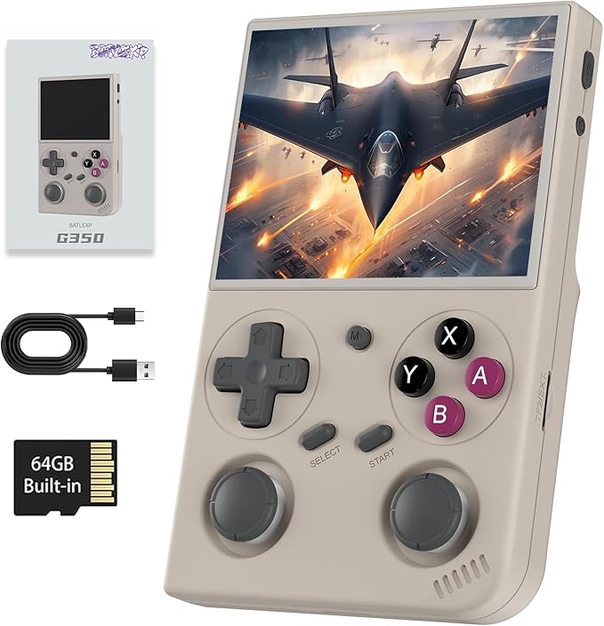 G350 Retro Handheld Game Console G350 Retro Gaming Console 3.5'' IPS Screen Linux 64+32 System Built-in 64G TF Card 20+Emulators Pre-Installed 4371 Games Retro Game Console with 3200mAh Battery Gray
