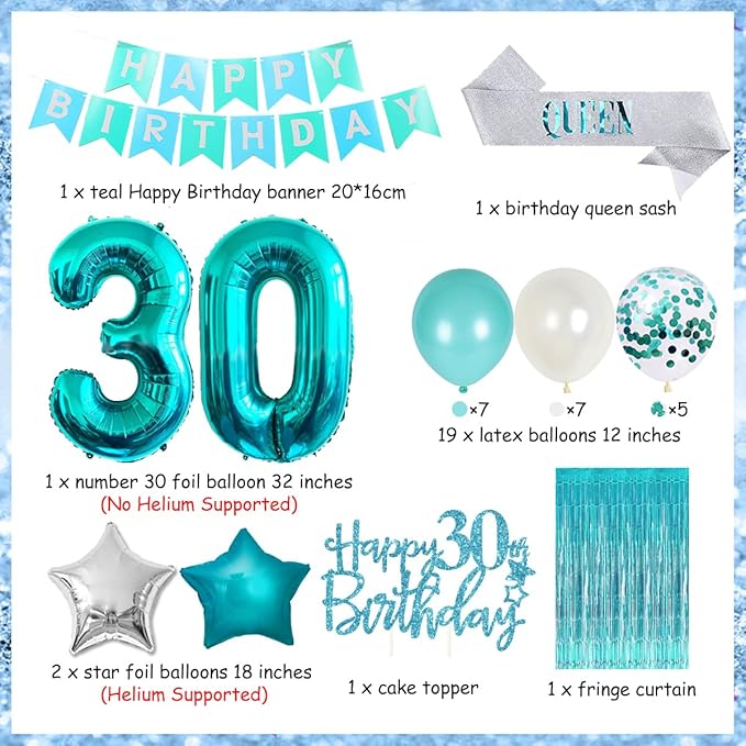 30th Birthday Decorations for Women Girls Teal - Queen Sash Happy Birthday Banner Cake Topper Number 30 Foil Balloon Foil Curtain for Turquoise Thirtieth Birthday Decorations Party Supplies for Her