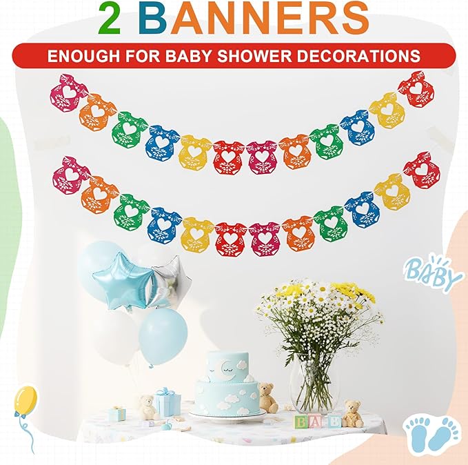 2 Pack Cielito Lindo Papel Picado Baby Shower Banner Decoration, Mexican 24 Pcs Bodysuit Card with Hanging String Fiesta Garland for Gender Baby Shower Party Supplies(Rainbow Color)