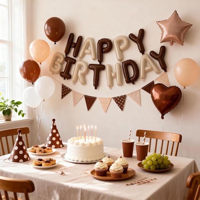 29PC Cream Brown Happy Birthday Balloon Banner, 16Inch 3D Aluminum Letter Banner Sign, Brown Apricot Dusty Ivory White Balloon 18 Inch Star Heart Foil Balloon for Women, Men Party Supply