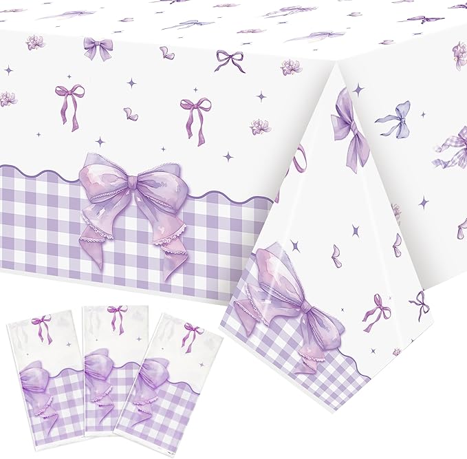 3Pcs Purple Bow Party Tablecloths - Purple Bow Knot Party Table Covers Decorations Rectangular Plastic Disposable Table Cloth Decor for Kids Girls Women Birthday Baby Shower Supplies
