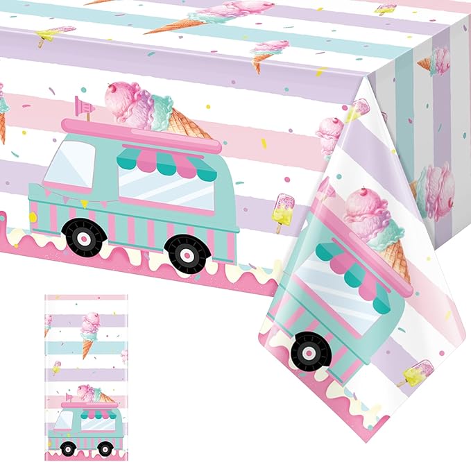 1 Pack Ice Cream Truck Tablecloth Party Decorations, Ice Cream Birthday Plastic Table Cloth Party Supplies, Disposable Rectangle Table Cover for Kids Sweet One Birthday Baby Shower, 54 x 108 Inch