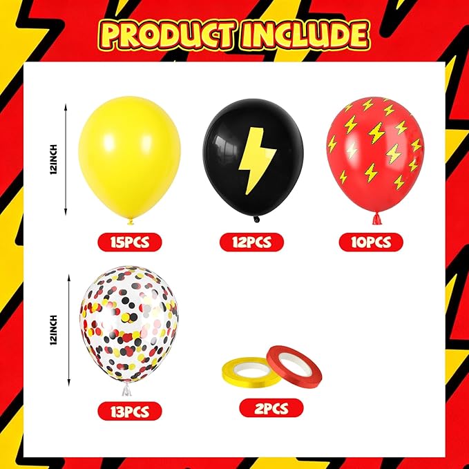 Red Yellow Black Balloons, 50PC 12 Inch Black Red Yellow Confetti Lightning Printed Balloons for Boys Birthday Baby Shower Graduation Party Decorations