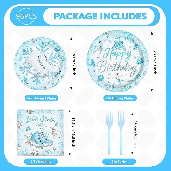 96Pcs Ice Skating Birthday Party Decorations Blue Ice Skating Snowflake Plates and Napkins Sets Winter Wonderland Ice Skating Party Decorations for Girls Baby Shower Skate Theme Supplies Serves 24 ﻿