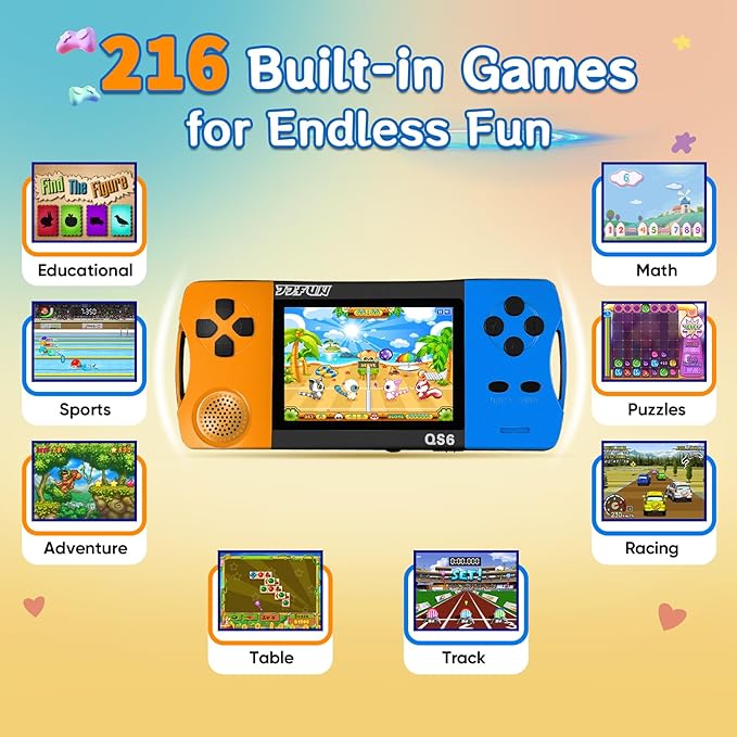 16 Bit Handheld Games for Kids with 3.5" IPS Large Screen Built-in 216 Retro Video Games Portable Gaming Player with Rechargeable Battery Mini Arcade Electronic Toy Gifts for Boys Girls (Blue+Orange)