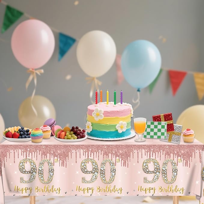 90th Birthday Decorations for Women,61Pcs Rose Gold 90th Birthday Decorations Tableware Include Happy 90th Birthday Plates and Napkins,Tablecloth,Forks,90th Birthday Party Supplies Serve 20