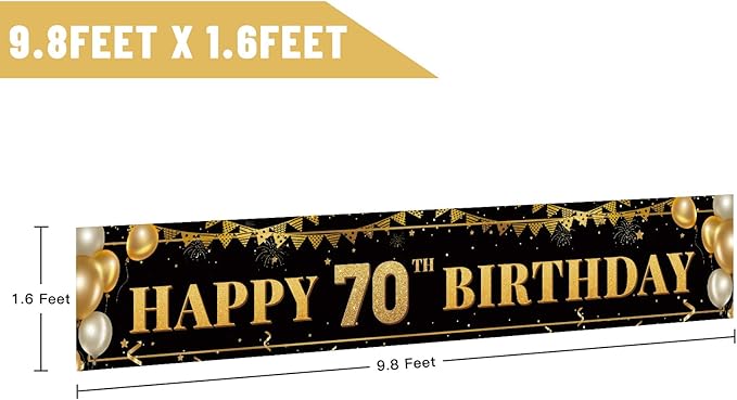 Large Happy 70th Birthday Decoration Banner, Black and Gold Happy 70th Birthday Banner Sign, 70th Birthday Party Decorations Supplies(9.8x1.6ft)
