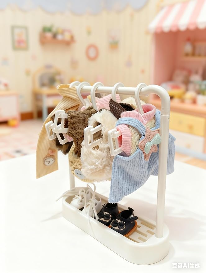 5-Set Elegant Clothes Bundle for Doll, Includes 5 Mini Hangs, Large Clear Display Bag with Strap Keychain, 5 Hangers and Rack, Bag, Glasses, Necklace, Shoes Accessories for Dressing up(No Doll)
