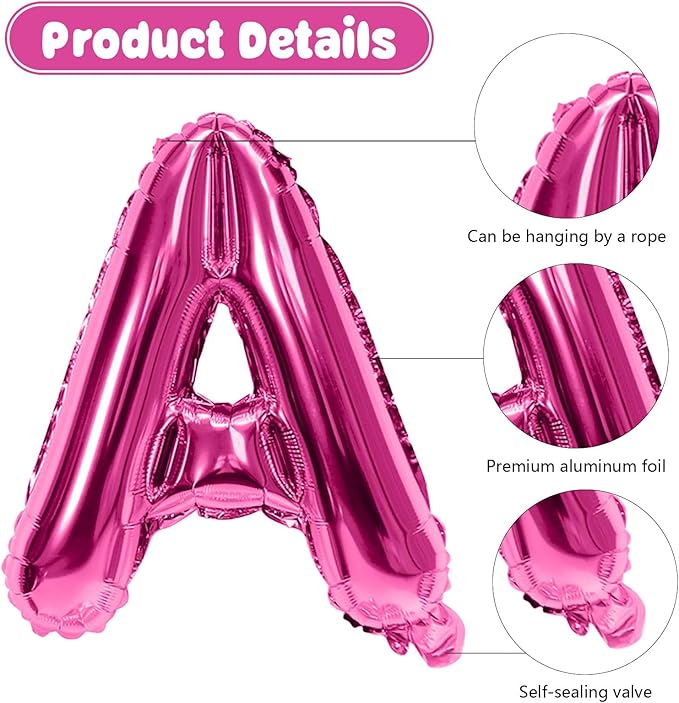 29PC Hot Pink Happy Birthday Balloon Banner, 16 Inch 3D Letter Banner Sign, Pink Hot Pink Metallic Balloons 18 Inch Star Heart Foil Balloons for Women, Girls Party Decorations