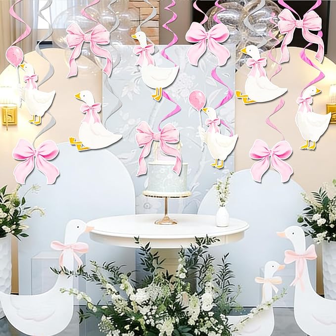 Pink Bow Silly Goose Hanging Swirls Goose Birthday Party Decorations 23Pcs One Silly Goose Hanging Streamers Farm Silly Goose Ceiling Decor for Geese Theme Girls Baby Shower Supplies