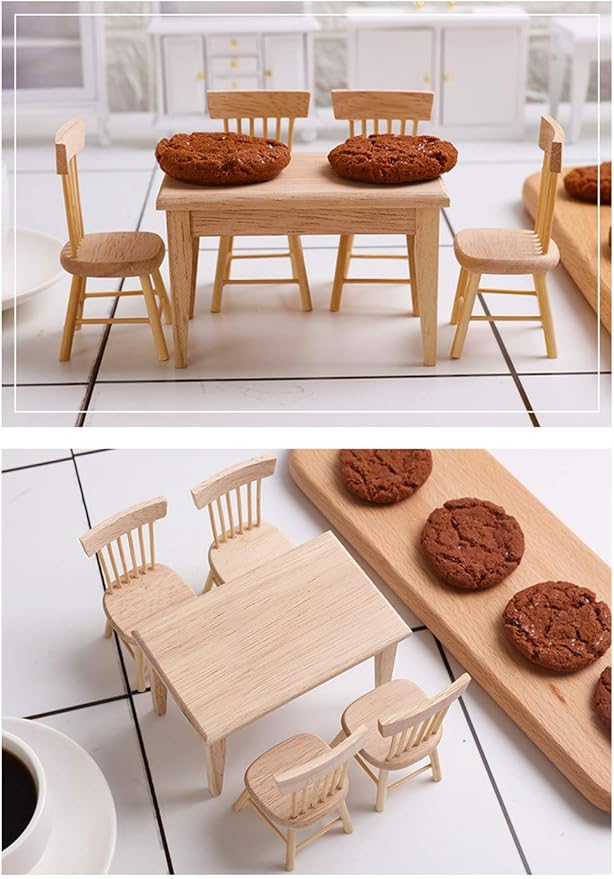 Z MAYABBO Wooden Dollhouse Furniture of Table & Chair, Miniature Dollhouse Accessories of Dining Room Accessory - 1/12 Scale