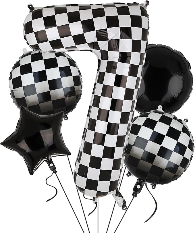 40 Inch Checkered Number Balloon 7 Black and White Race Car Birthday Balloons Baby Hippie Smile Party Shower Boys 7th Birthday Race Car Theme Party Decor Supplies 5 Pcs