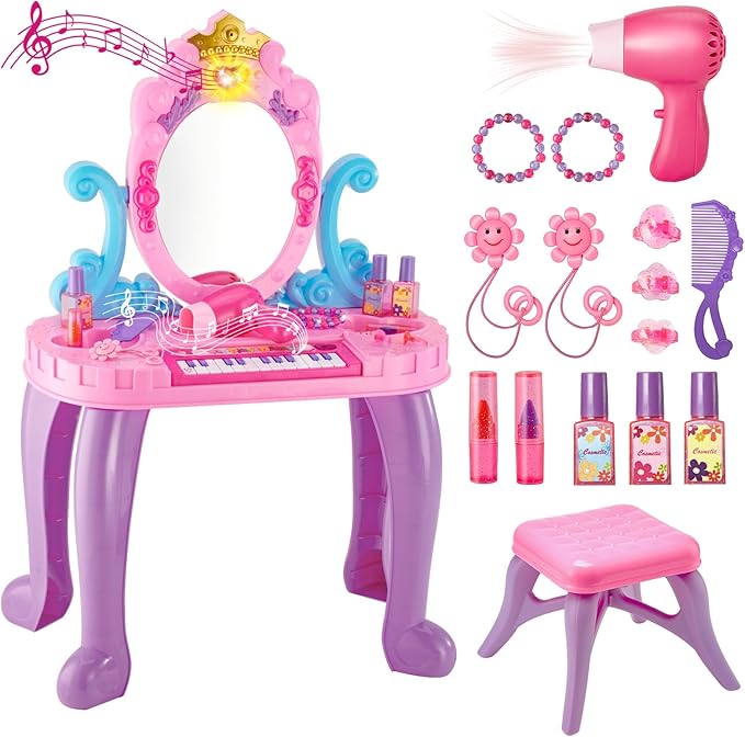 Vanity Makeup Table Toy for Kids, Toddler Girl Pretend Play Makeup Accessories- Princess Dress Up Set, Music Piano & Lights, Adjustable Mirror, Hairdryer, Mermaid Table & Chair Kit, Birthday Gift