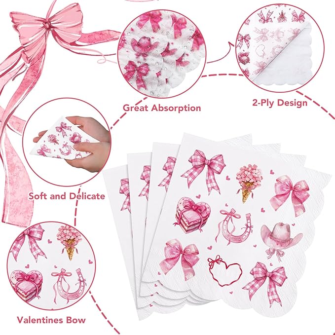 100 Pcs Bow Napkins, Scalloped Pink Bow Western Cowgirl Party Decorations Disposable Dessert Beverage Napkins for Bachelorette, Girls Birthday, Bridal Baby Shower