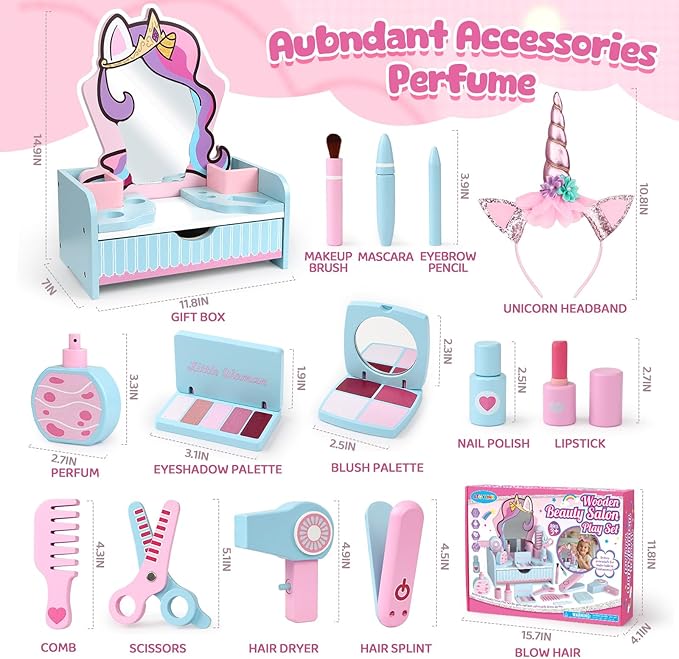 Atoylink Wooden Makeup Vanity Set for Girls, Unicorn Pretend Play Kids Table Toys with Mirror, Drawer, Hair Salon Set & Makeup Accessories, Gift About Princess Dress Up for Toddlers Aged 3, 4, 5-8