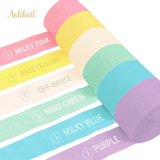 AOBKIAT Crepe Paper Streamers Party Decorations,6 Rolls Pastel Streamers for Candyland Party Theme Birthday Wedding Bridal Baby Shower Decorations,1.8 Inch x 82 Ft/Roll