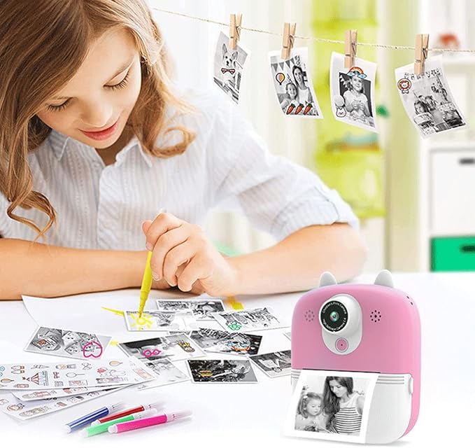 Digital Print Camera for Kids, 1080P Instant Camera for Children, Kids Camcorder Toddler Camera with Print Paper, Support Automatic Focus (Pink)