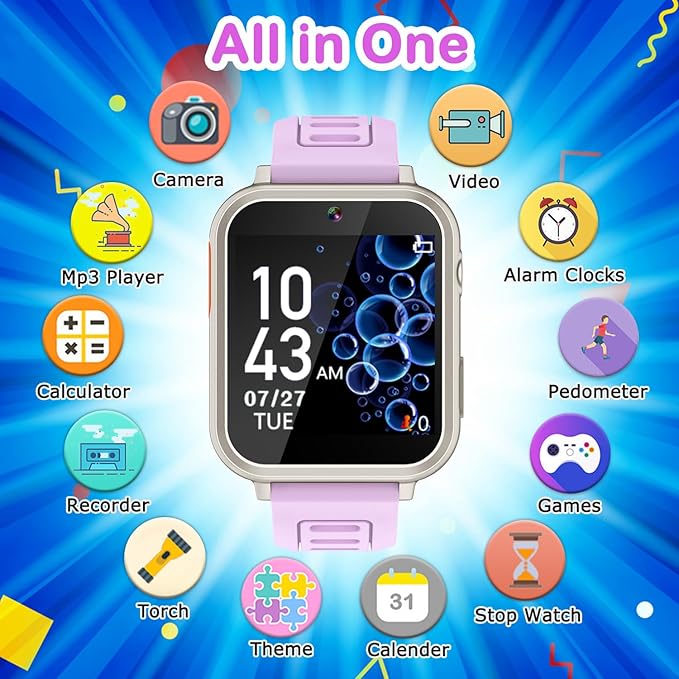 Kids Smart Watches Girls Gift for Girls Age 6-12, 24 Puzzle Games HD Touch Screen Kids Watch with Video Camera Music Player Pedometer Flashlight 12/24 hr Toys for 7 8 9 10 11 12 Year Old Girl Boys