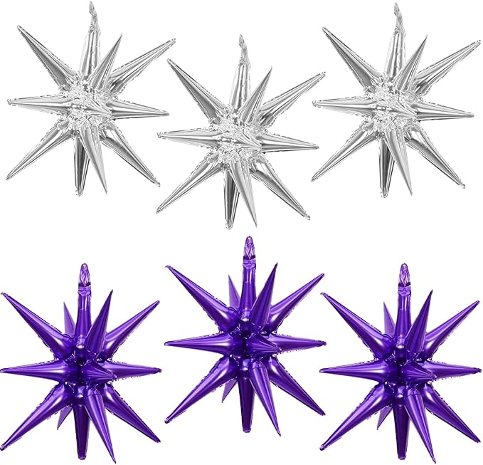 6 Pcs Silver Star Foil Balloons One-Piece 14-Pointed Star Balloon 4D Starburst Cone Mylar Balloon 22inch Christmas Birthday Wedding Wedding Anniversary Party Supplies (Silver + Purple)