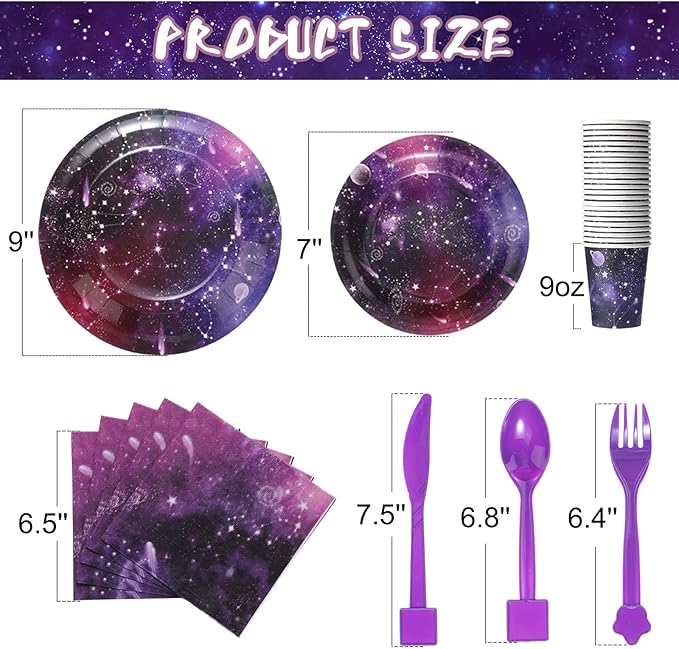 Tiamon 171 Pcs Galaxy Space Party Decoration Tableware Set Space Theme Birthday Decoration Galaxy Tablecloth Paper Plates Napkins, Birthday Banner for 24 Guests Party Supplies (Vivid Style)