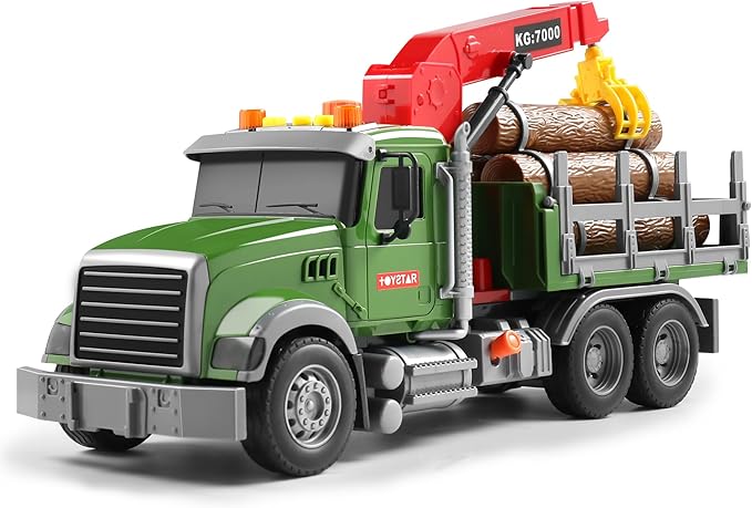 Dwi Dowellin Kids Toys for 3 4 5 6 7 Years Old Boys,15" Large Timber Truck with Loading Crane and 6 Trunks,Birthday Gifts for Boy Toddler Child