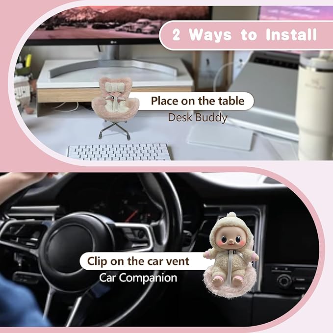 Doll Car Seat for 3–8 inch Figures, Fits Character Plushes, Blind Box Dolls & Vinyl Collectibles, Includes Air Vent Clip & Desktop Stand, Cute Car Ornament for Collectors