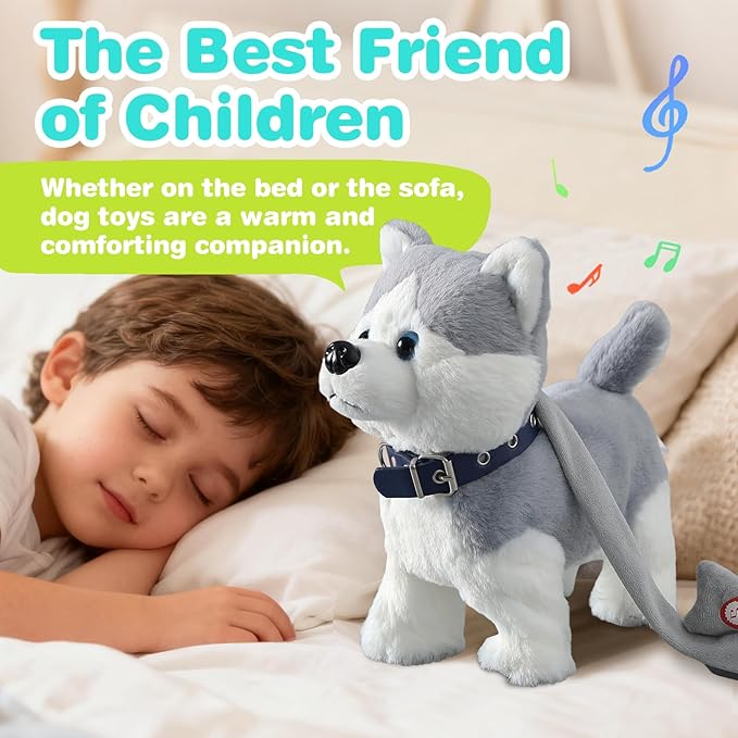 Husky Walking Dog Barking Toy, Musical Singing Dancing Volume Control Interactive Puppy Walk Along with Leash, Wagging Tail Shaking Head, Robot Plush Stuffed Animal Puppy for Kid