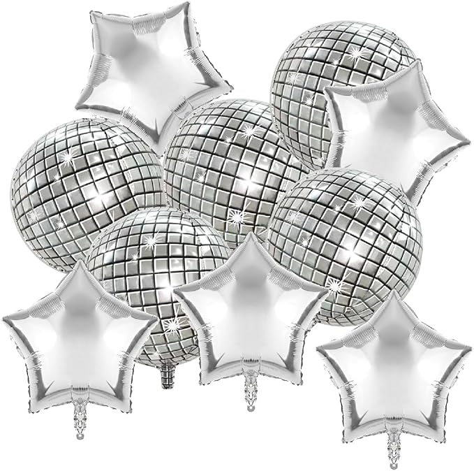 FBQ 10 Pcs Silver Disco 4D Balloons 18 Inch Star Balloons Disco Themed for 70s 80s 90s Disco Party Birthday Party Bachelorette Party Decorations Supplies
