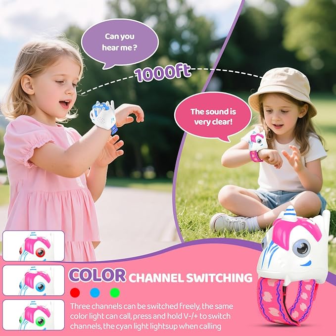 Unicorn Walkie Talkies for Kids, 2 Pack Camping Unicorn Outdoor Toys for Girls Age 3-12 Year Old, 3 Channel Toy Birthday Gifts Easter Halloween Christmas Stocking Stuffers (Pink + Blue)