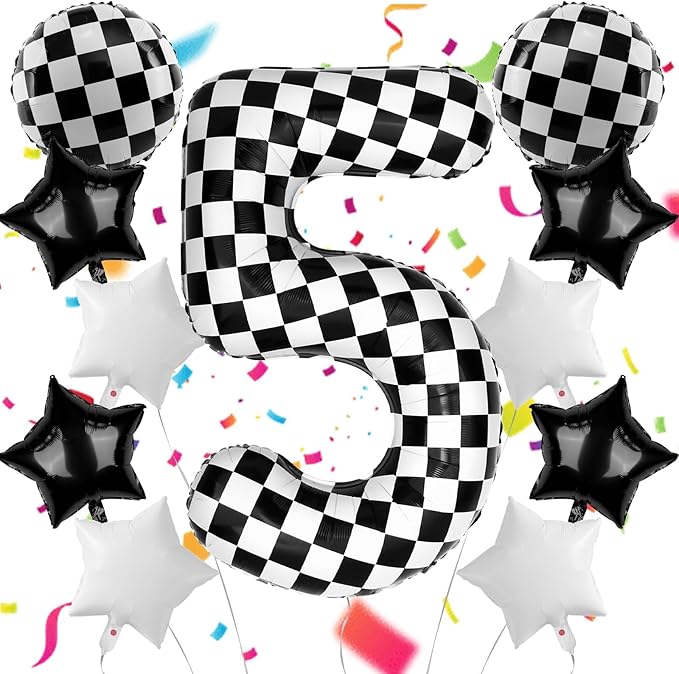 40 Inch Checkered Number Balloons 5 Black and White Foil Balloon for Girls & Boys Racing Car Theme Birthday Party Decorations, Party Supplies & Favors(Number 5)