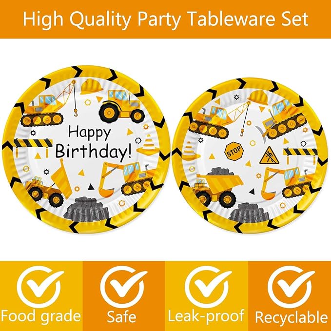 118 Pcs Construction Birthday Party Decorations Dump Truck Paper Plates Napkins Forks Cups Tablecloth Banner Dinnerware for Construction Baby Shower 1st 2nd 3rd 4th Birthday Party Supplies