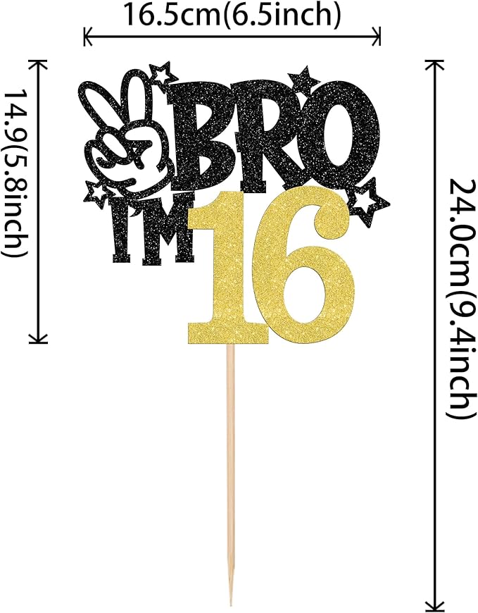 1 PCS Brother I'm 16 Cake Topper Glitter Star Happy 16th Birthday Cake Pick Bro I'm 16 Cake Decoration It's My 16th Birthday Decorations for Boys Cheers to 16 Years Birthday Party Supplies Gold