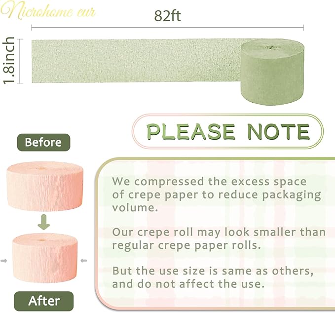 NICROHOME EUR Wedding Party Decorations, 8 Rolls Moss Sage Green Pink Crepe Paper Streamers for Boho Baby Shower, Wedding, Engagement Party, Spring Party, Birthday Party Supplies, 82 ft Long