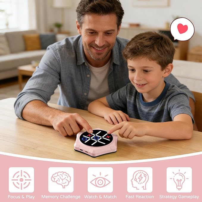 Tic Tac Toe Bolt Game,5-in-1 Handheld Puzzle Games Console,Electronic Tic Tac Toe Game for Educational&Memory,Portable Travel Games for Car Ride with Silent Mode,Toys Gift Idea for Kids & Family-Pink